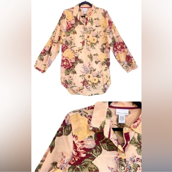 Soft Surroundings Floral Button-Down Shirt - Burgundy and Yellow - Picture 2 of 7